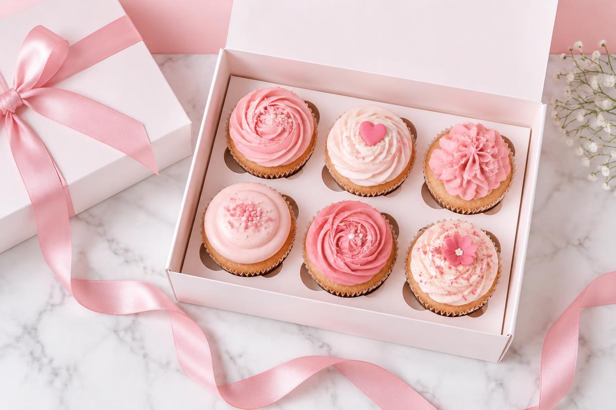 Doos met zes roze cupcakes
